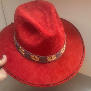 Red Suede Women's Hat with Embroidered Band